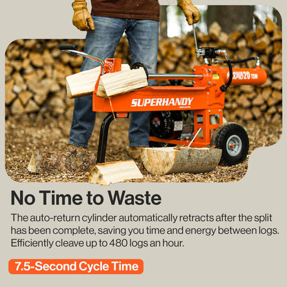 SuperHandy Log Splitter Portable 20 Ton Rapid Auto Return Ram System Bucher Gear Pump 7HP Engine Horizontal Full Beam Steel Wedge Firewood Splitting Forestry Harvesting