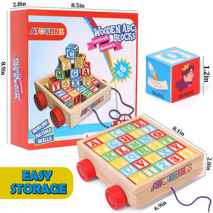 Atoylink ABC Wooden Building Blocks for Toddlers 1-3, 30 Pcs Alphabet & Number Stacking Toys with Storage Pull Toy Car Learning & Education Montessori Toys for 1 2 3 Year Old Baby Boy Girl Gifts