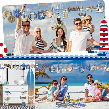 Maitys 36 Pcs Beach Wooden Ornaments Ocean Summer Tree Decorations Coastal Nautical Seaside Wood Cutouts Navigation Hanging Ornaments Xmas Decorations for Home Tree Wall Wreath Crafts(Ocean)