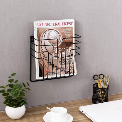 MyGift Modern Design Black Metal Wire Wall Mounted Magazine and File Folder Holder Organizer Rack
