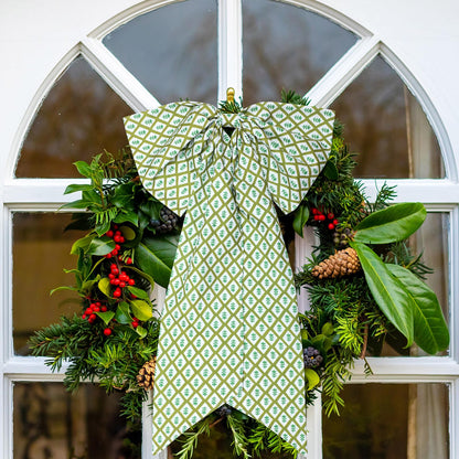 HunnmingRe 2 Pcs Green Block Print Bow Wreath Sash 24 x 16 Inch Christmas Wreath Sash for Front Door Holiday Floral Burlap Bow Accessories for Doorway Indoor Outdoor Garland Home (Green)