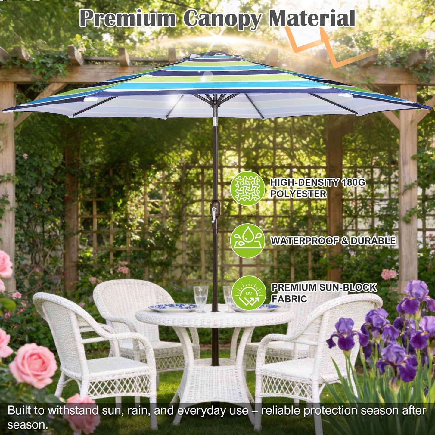 Blissun 10FT Patio Umbrella, Outdoor Table Umbrella, Yard Umbrella, Market Umbrella with 8 Sturdy Ribs, Push Button Tilt and Crank, Blue & Green