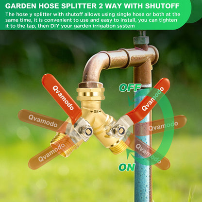 Hose Splitter 2 Way Heavy Duty Garden Hose Y Splitter with Shutoff, Garden Hose Splitter with 304 Stainless Steel Long Handle Outdoor Full Flow Y Valve 3/4 Inch GHT Thread Y Connector for Garden Hose
