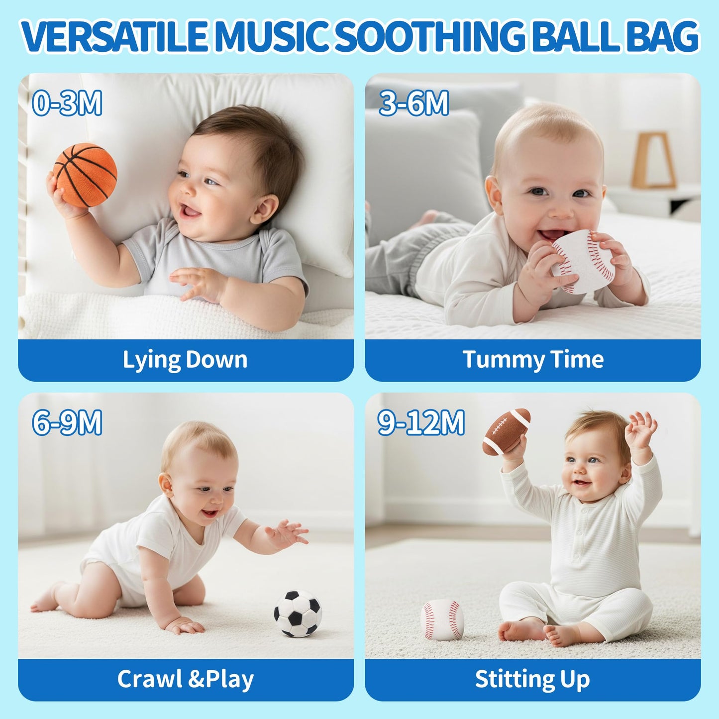 Baby Boy Toys 6-12 Months – My First Sports Bag Musical Infant Toys with 4 Sensory Balls – Basketball, Football, Baseball, Soccer – Rattle, Squeaker, Mirror for 3-6-9-12 Month Old Baby Christmas Gifts