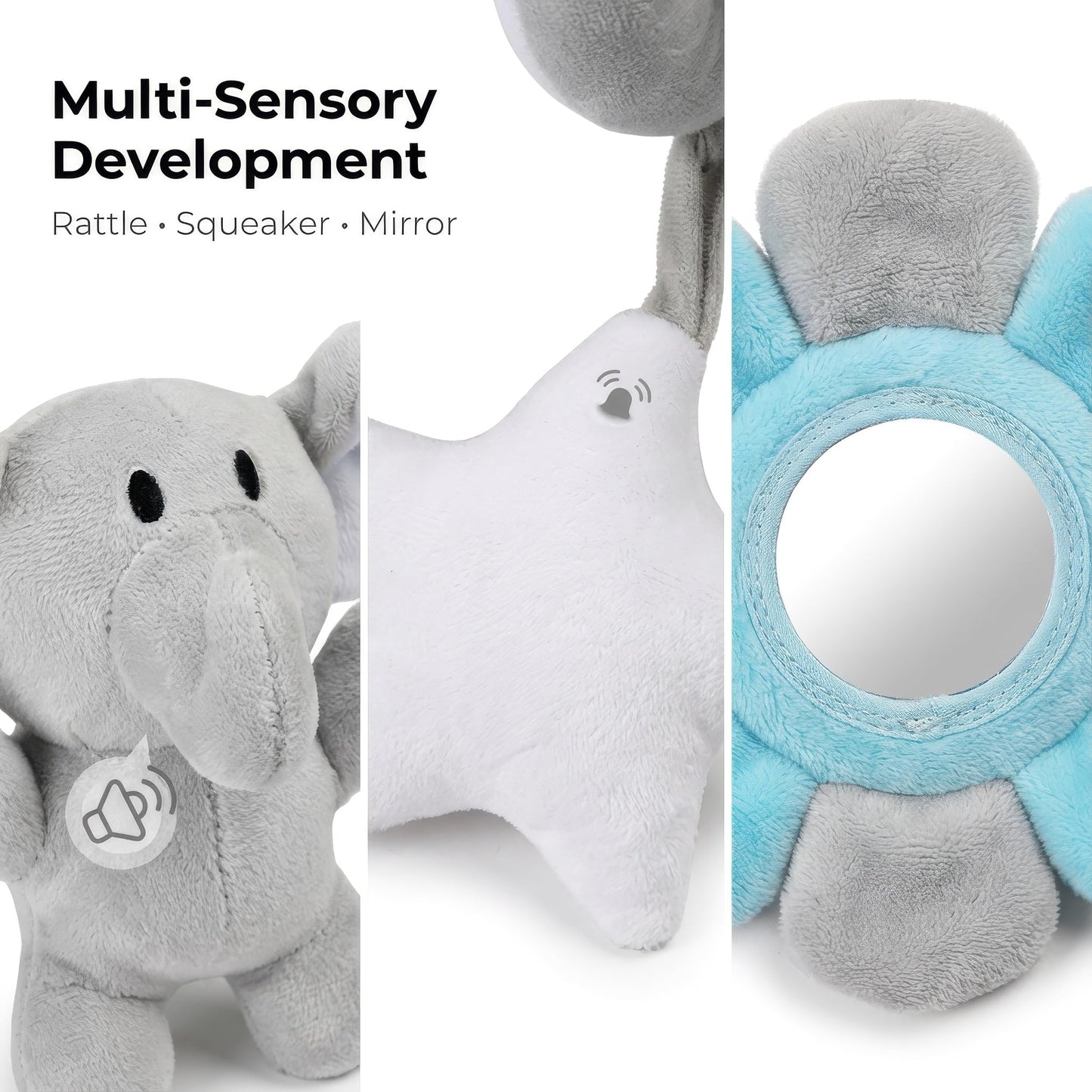 Car Seat Toys Spiral Hanging Elephant, Baby 0-6-12 Months Newborn, Carseat Hanging for Stroller Toys & Crib Hanging, with Rattle BB Squeaker Mirror, Baby Car Seat for Babies Boy Girl