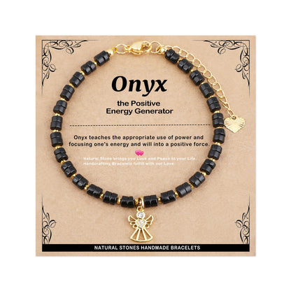 Natural Gemstone Healing Crystal Black Onyx Dainty Charms Angel Bracelet Adjustable Chain Extender Minimalist Jewelry