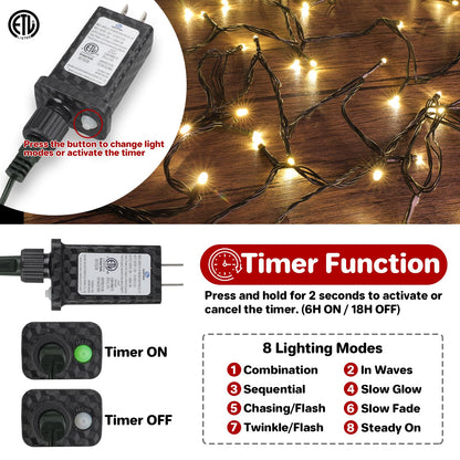 FairyGlim Christmas Lights Outdoor 100LED 33FT, Green Wire Connectable Christmas String Lights | 8 Modes Twinkle Fairy Lights Plug in with Timer, for Indoor Outside Xmas Trees Garden Party, Warm White