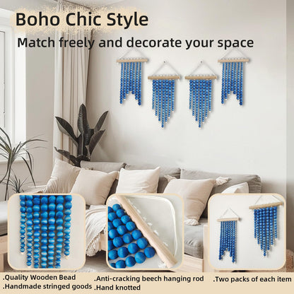 Wood Beads Small Tapestry 2 Pieces Blue Boho Wall Decor Art Western Rustic Hanging Macrame Decoration for Kids Girl Boy Room Nursery Bedroom Living Room Dorm Shelves Entryway
