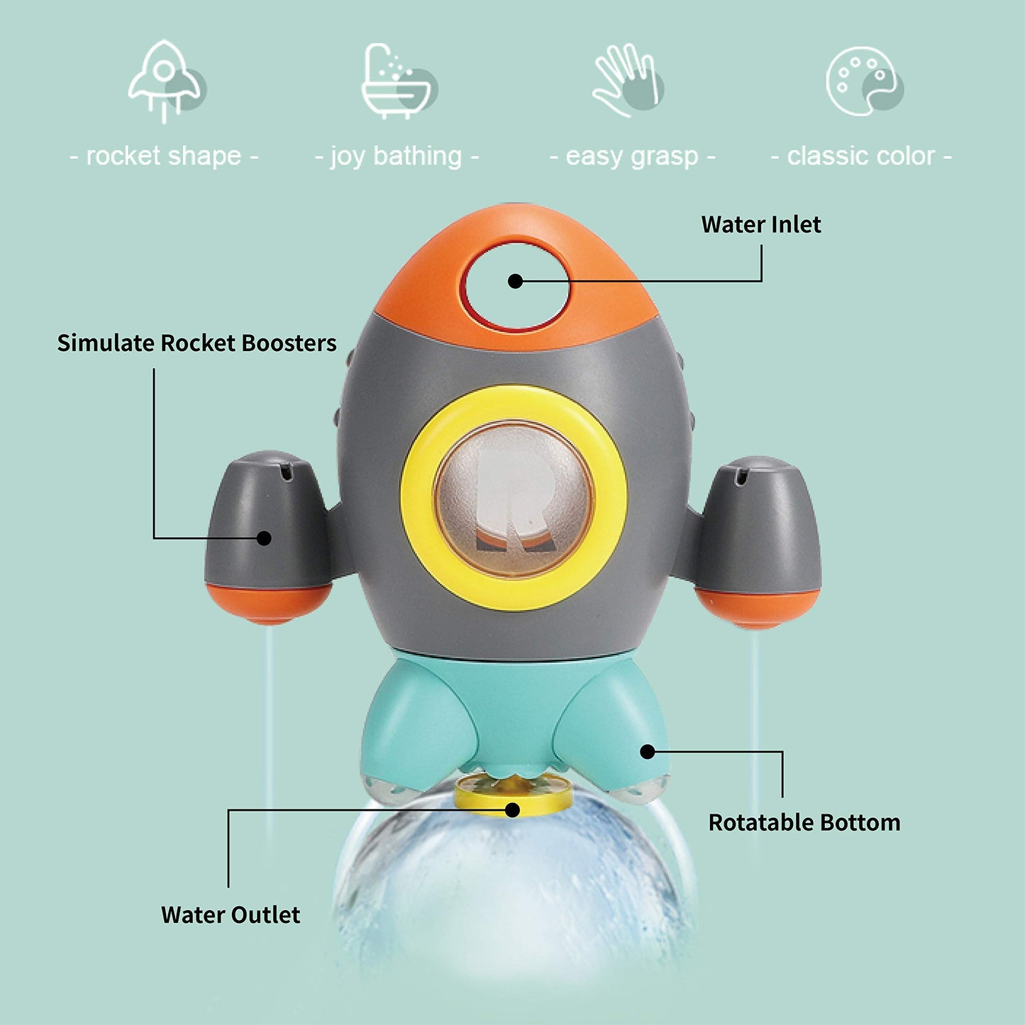 Elovien Baby Bath Toys, Space Rocket Shape Bathtub Toys for Toddlers, Spray Water Toys w/ Rotating Fountain, Bathroom Shower Toys for Infants Aged 18 Months 2 3 4 5 Years Old Kids Girls Boys