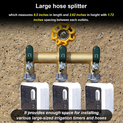 Yayamz Garden Hose Splitter, 3/4” Rust and Freeze Resistant Outdoor Hose Manifold with 3 green Extra Long Handles Faucet Adapter-Heavy Duty Brass 3-Way Valve