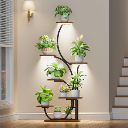 Plant Stand Indoor with Grow Lights - Lighted Indoor Plant Shelf, 57" 7 Tier Corner Plant Stands for Indoor Growing, Tall Flower Display Shelf, Metal S-Shaped Holder for Living Room, Bedroom, Black