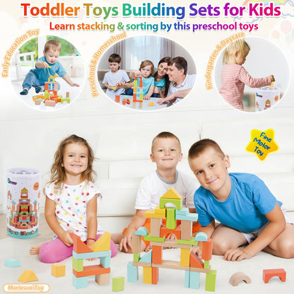 FCSONU Wooden Building Blocks for Toddlers 1-3, 100 Pcs Wood Blocks Set - Sorting & Stacking Toys with Storage and Lid, Kid Montessori Toys Ages 2+, Christmas 1st Birthday Gifts for Boys Girls Baby