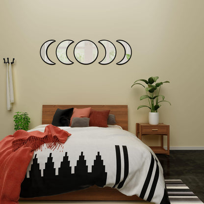 HMANGE 5-Piece Black Acrylic Moon Phase Wall Mirror Set - Shatterproof Safety Design, Easy Stick-On Installation, Boho Celestial Decor for Bedroom Living Room