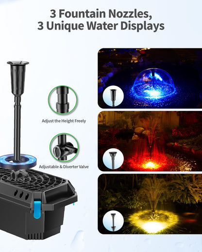 POPOSOAP Pond Filter with U-V Clarifier, 660GPH 40W Pond Pump and Filter Kit with RGB LED Lights, All-in-One Pond Fountain for Outdoor Ponds Up to 1300 Gallons P2360