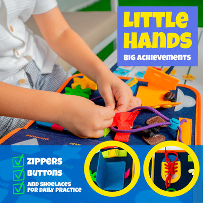 Ibenji Montessori Busy Book for Toddlers – Sensory Learning Toy with Zippers, Buckles, Letters, Numbers & Puzzles – Travel Quiet Book for Airplane & Car