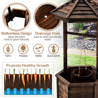 Giantex Rustic Wooden Wishing Well Planter with Hanging Bucket, Roof Shadow, Reinforced Rod, Wishing Wells for Outdoors Backyard Patio Garden Outside Decor