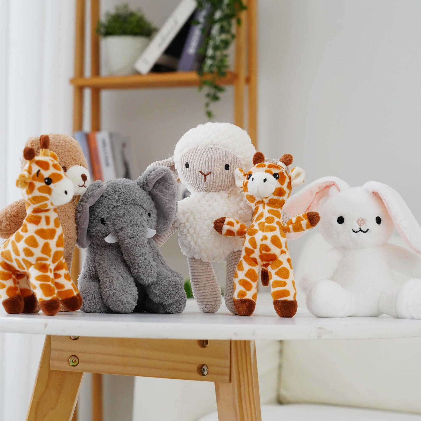 AmyToo 6 Pcs Stuffed Animals Bulk, 8 Inch Small Stuffed Safari Animals, Zoo Stuffed Animals Set (Sheep Elephants Bear Giraffe Bunny) Baby Shower Party Decor, Easter Gift for Classroom Kids, Girls