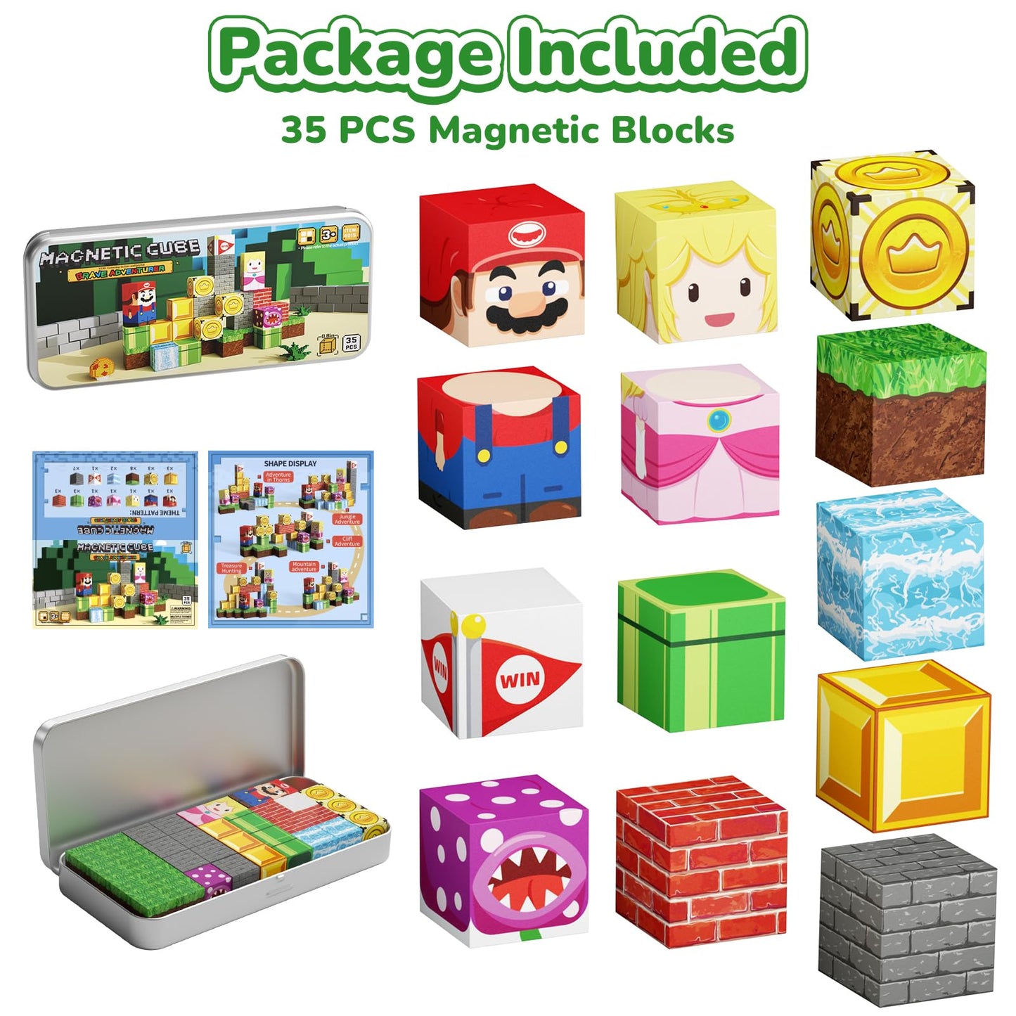 MEIQ Mini Magnetic Blocks STEM Toys for Kids Ages 3-8, 35PCS Travel Building Set with Magnetic Storage Tin Box, Educational Construction Toys for Toddlers, Preschool Birthday Gift for Boys & Girls