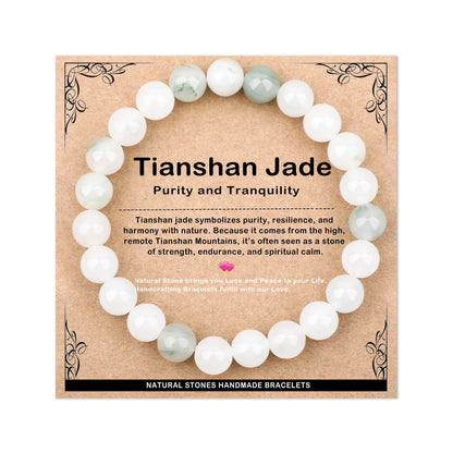 AD Beads 8mm Handmade Tianshan Jade Elastic Bracelet – Natural Gemstone for Purity and Tranquility – Meditation, Yoga, Healing and Energy Gift for Men Women