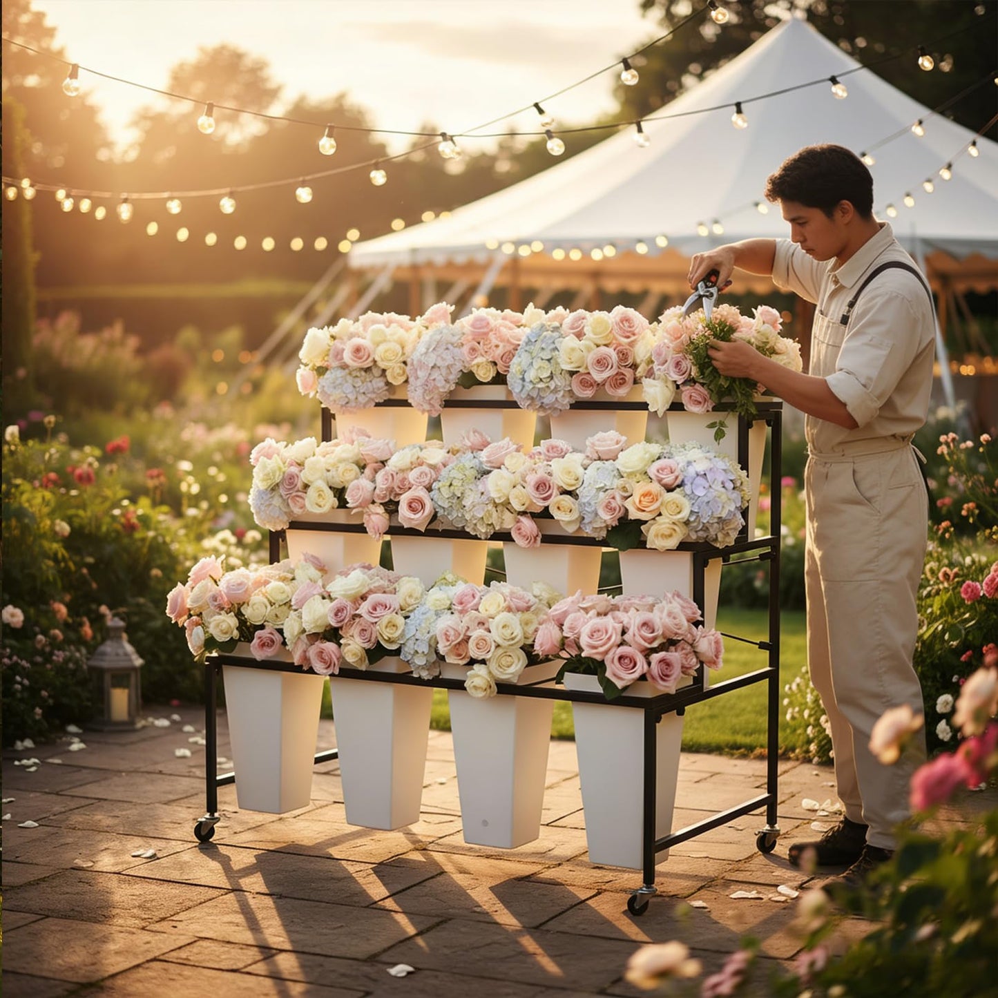 Flower Display Stands With Buckets, With 12pcs Buckets, 3-Tier Rolling Flower Bar,Heavy Duty Metal Flower Cart,For Indoor/Outdoor Use, Wedding Decor & Florist Displays (B - Black frame, white bucket)