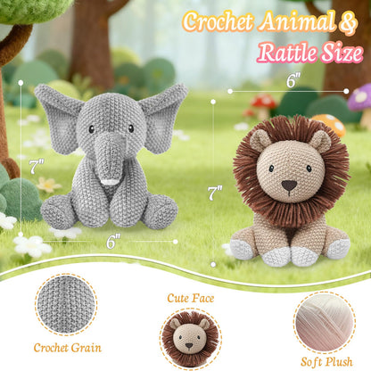 okegztoa 2-Pack Crochet Stuffed Animals (Sitting Lion & Elephant), 8-10 Inches Soft Cotton Thread Plush, Hand-Crocheted Toys, Kid & Adult-Friendly Gifts