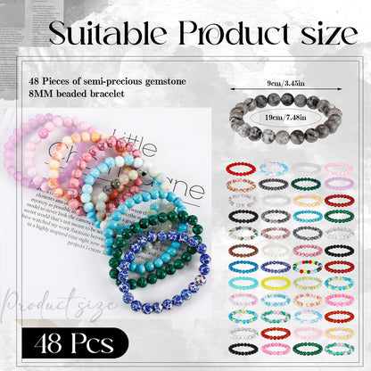 Landical 48 Pcs 8mm Round Beaded Bracelets for Women Men Semi Precious Gemstones Bracelets Crystal Stone Bracelet for Unisex