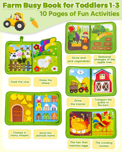 Busy Book for Toddlers 1-3, Montessori Toys for 1 2 Year Old Boy Girl Birthday Gifts, Busy Board Educational Learning Toys for 1+ Year Old, Toddler Airplane Travel Toy Farm Animals Activity Books