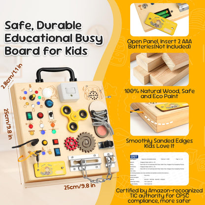 Wooden Busy Board with LED Light，Montessori Baby Learning Toys for Toddlers , Sensory Activity Board , Travel Educational Toy Boy & Girl Birthday Gift (Black Handle)