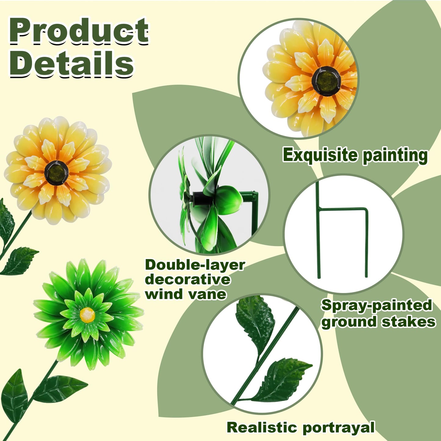 2 Pack Metal Flower Wind Spinners, Yellow Sunflower & Green Daisy Garden Stakes Yard Art, Decorative Floral Pinwheels Lawn Ornaments for Outdoor, Patio, Backyard and Flower Bed Spring Decor