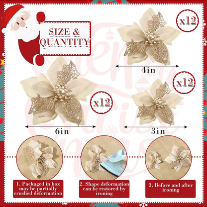 WILLBOND 36 Pieces Christmas Poinsettia Glitter Faux Flowers Christmas Artificial Flowers Tree Ornaments Topper Xmas Decorations(Gold)