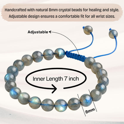 Amazing Gemstone Labradorite Bracelet, Gifts For Men & Women - Protection Healing Crystal Bracelet - 8mm Gemstone Beaded Adjustable Bracelet, Pulseras Para Hombres Mujer Stocking Stuffers