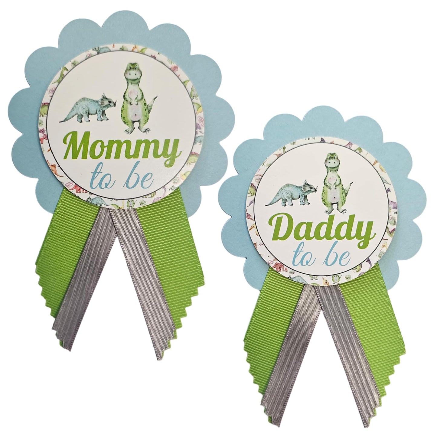 Dinosaur Baby Shower Pins for Mommy Daddy Jungle Family to wear, It's a Boy Blue Green Sprinkle (MOM & DAD PINS)
