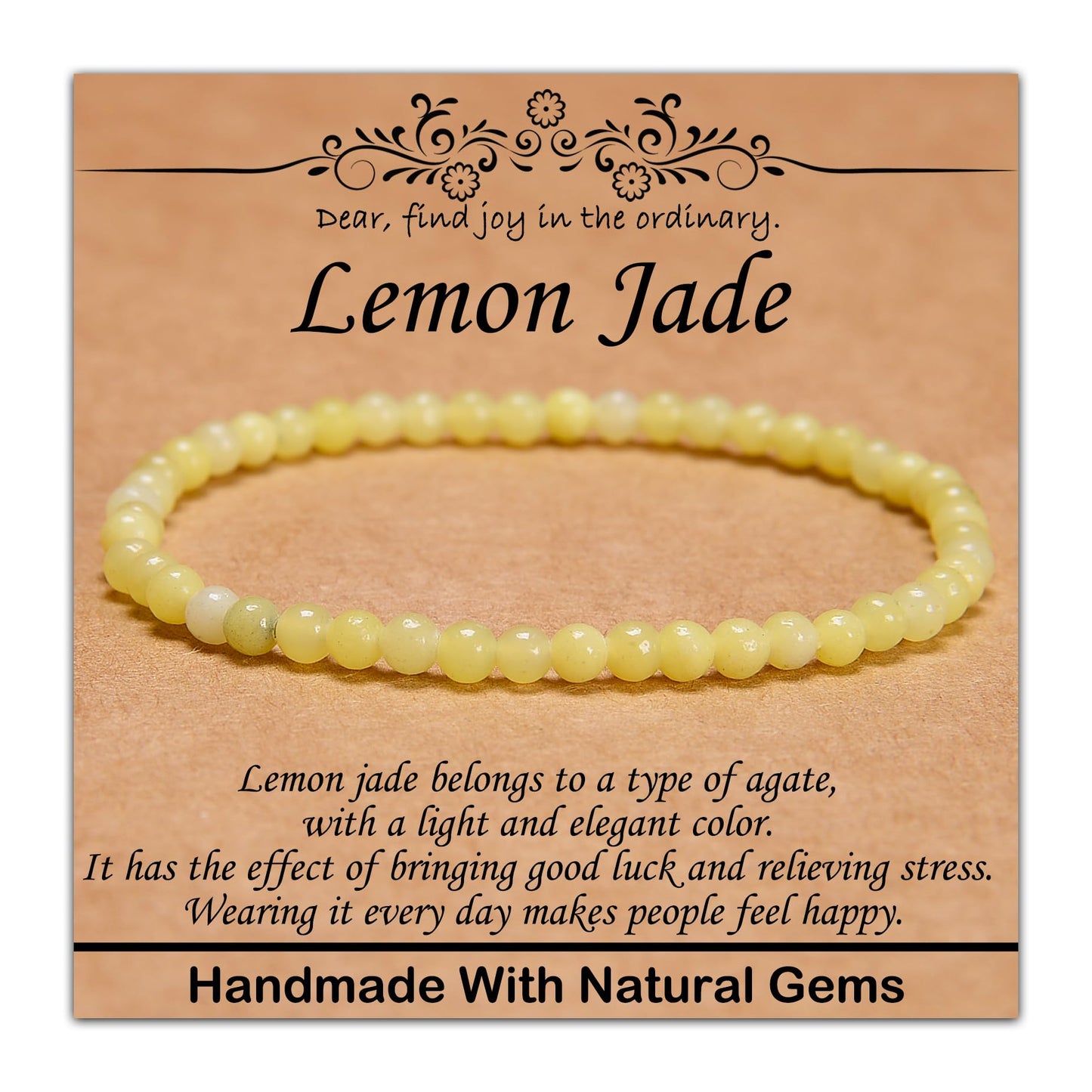 CHCCOYE 4mm Natural Healing Gemstone Bracelet Handmade Yoga Stretch Elastic Bracelet Stress Relief Crystal Jewelry for Men and Women (4mm,Lemon Jade)
