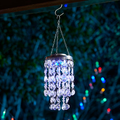 Glitzhome 18.75”H Wind Chime for Outside Solar Wind Chime Hanging Decorative Transparent Acrylic Jewel Beads with Blue LED Light Battery Operated Mini Chandelier for Home Garden Patio Yard