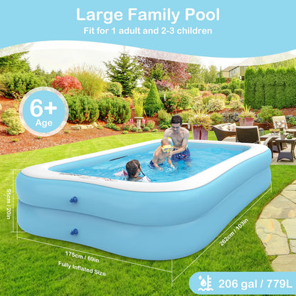 Sumbee Inflatable Swimming Kiddie Pool for Adults Kids Ages 4-8-12, Size 103" X 69" X 20" Rectangle Blow Up Family Pool for Children Backyard Outdoor Garden Summer Water Party Full-Sized Light Blue