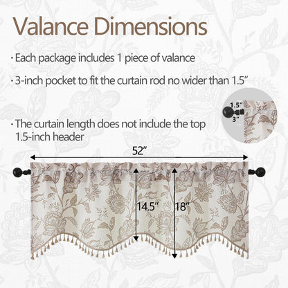 Ebesto Scalloped Valance for Windows - Faux Linen Textured Short Kitchen Valance with Tassels, Farmhouse Floral Printed Small Window Curtains for Bathroom Basement RV, 1 Piece, 52Wx18L Inches, Taupe