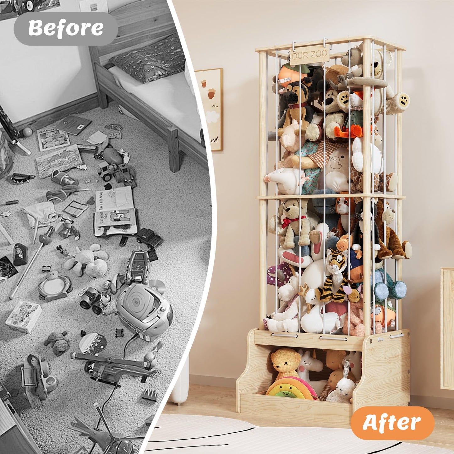 EXPERLAM Stuffed Animal Storage, Wood Stuffed Animal Zoo with Toy Chest, Vertical Stuffed Animal Holder with Thicker Elastic Band, Plushies Storage for Playroom, Living Room, Nurseryroom, Bedroom