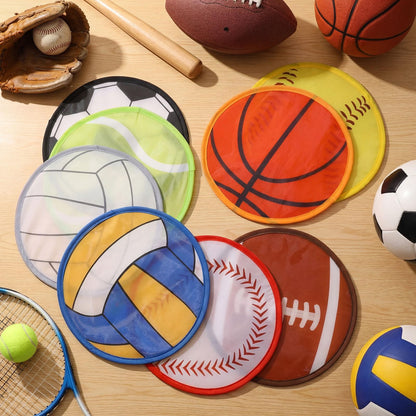 Gejoy 24 Pcs Volleyball Baseball Foldable Fan Rugby Basketball Soccer Handheld Round Folding Flying Disc for Women Man Daily Use Sports Festival Wedding Party Favors Decorations Portable, 8 Style
