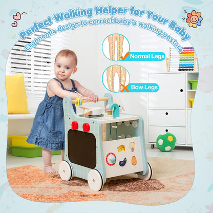 BABY JOY 6 in 1 Wooden Baby Walker, Toddler Pretend Play Kitchen Playset, Push and Pull Sit-to-Stand Learning Walker Activity Center, Montessori Educational Toy, Push Walker for Boys Girls