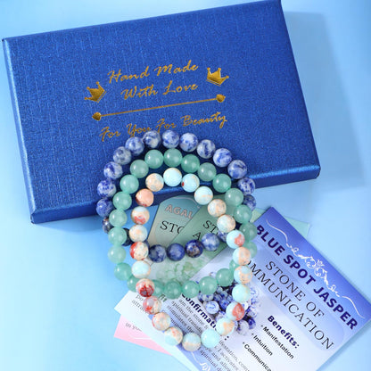 CMBYN 3-Pieces 8mm Natural Crystal Gemstone – ﻿Agalmatolite Jasper, Blue Spot, Green Aventurine Handmade Reiki Energy Healing Stretch Bracelets Jewelry for Yoga, Meditation, Unisex