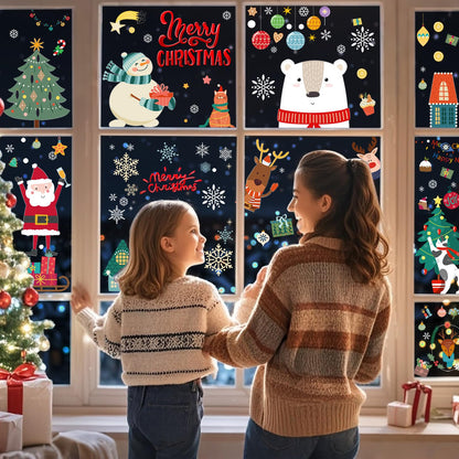 Christmas Window Clings Decorations, Xmas Stickers for Glass Windows, Fun Gift for Kids, Cute Decal Decor with Santa, Polar Bear, Snowflakes, 8 Sheets