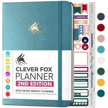 Clever Fox Planner 2nd Edition Dated Jan 2026-Jan 2027 – Colorful Weekly & Monthly Goal Setting Planner, Habit Trackers, Time Management and Productivity Organizer, Gratitude Journal, A5 (Aquamarine)