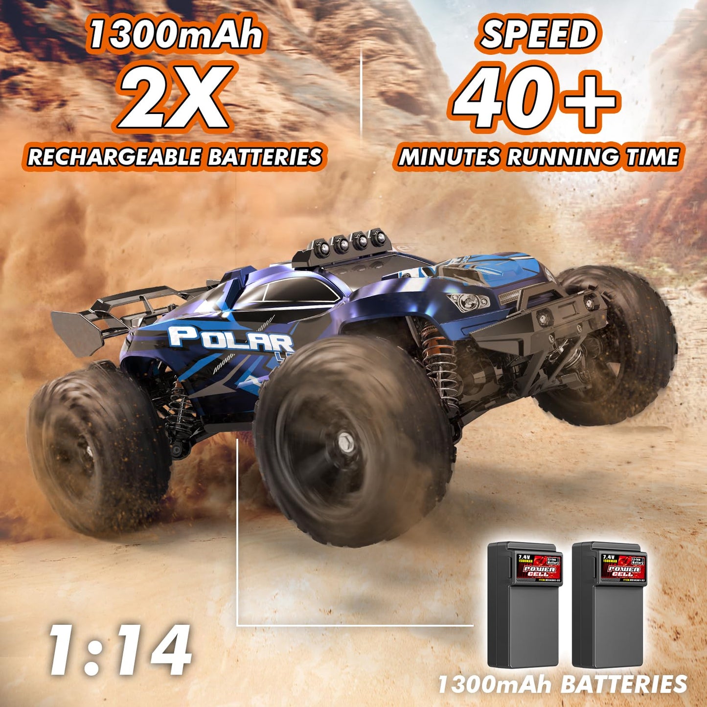 Womaqu Rc Cars 1:14 All Terrain RC Car for Adults & Boys, 4WD Off-Road RC Truck High Speed Fast 40+ KPH, 4X4 Waterproof Remote Control Car with 2 Rechargeable 1300 mAh Batteries