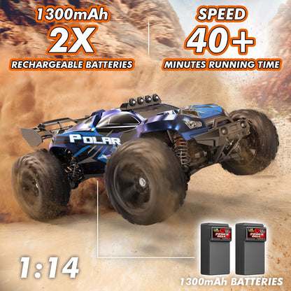 Womaqu Rc Cars 1:14 All Terrain RC Car for Adults & Boys, 4WD Off-Road RC Truck High Speed Fast 40+ KPH, 4X4 Waterproof Remote Control Car with 2 Rechargeable 1300 mAh Batteries