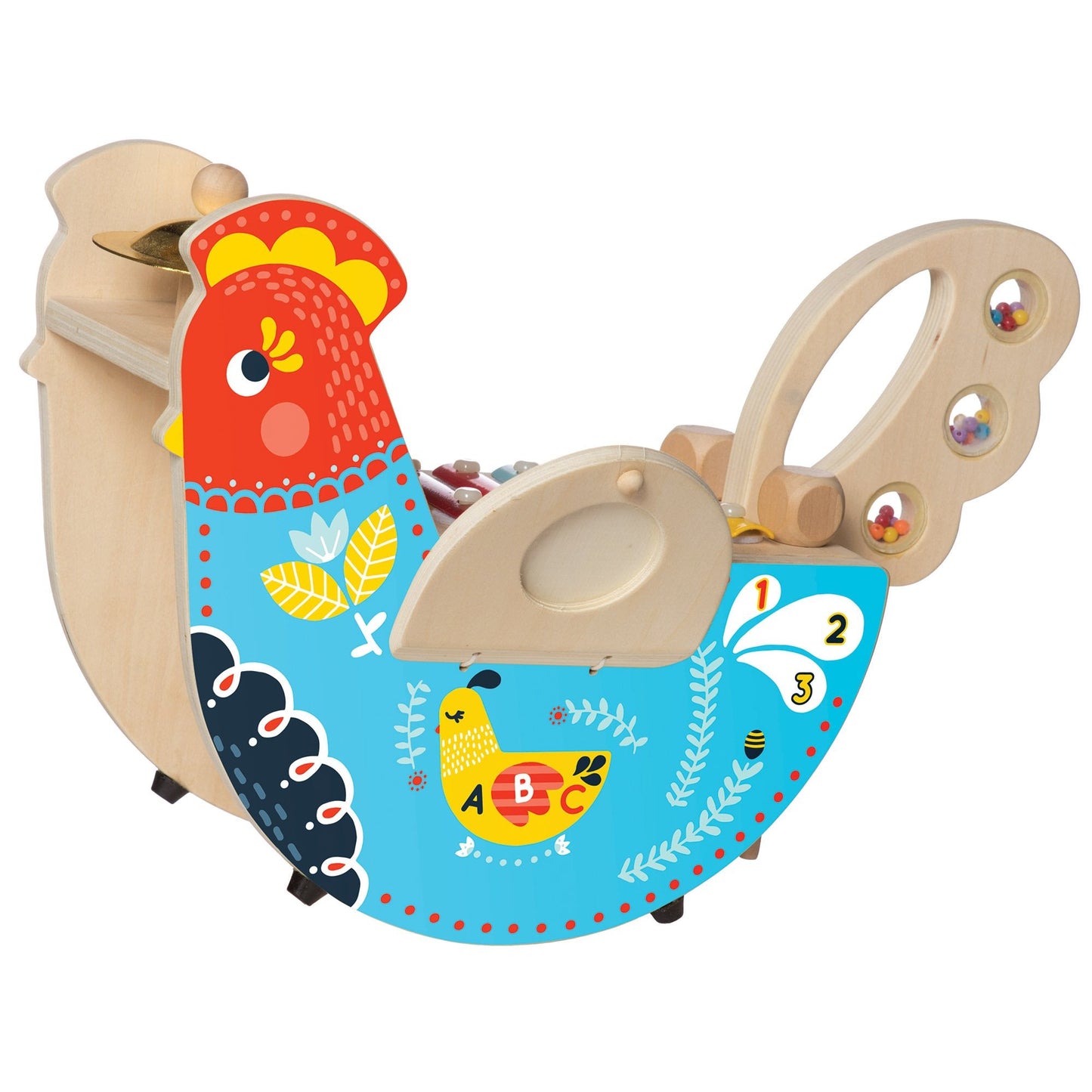 Manhattan Toy Musical Chicken Wooden Instrument for Toddlers with Xylophone, Drumsticks, Cymbal and Maraca,Blue
