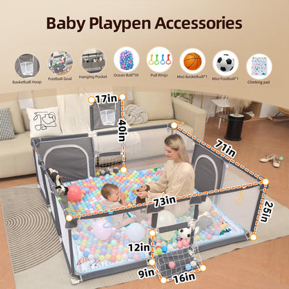 Playpen for Babies and Toddlers,73"x71"Baby Playpen with Mat Indoor＆Outdoor with Breathable Play Pen with Ocean Balls Hanging Pocket Basketball Hoop and Football Goal (Grey with Mat, 73"x71")