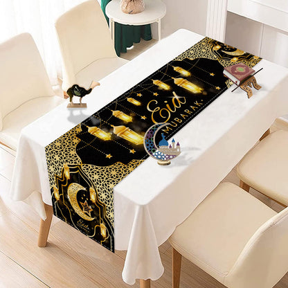 Fengrise Eid Mubarak Table Runner - Black Gold Ramadan Kareem Decorations for Home 2026, Star Moon and Lantern Pattern, Eid Al-Fitr Table Cloth,Islamic Decorations Supplies for Kitchen Indoor (13x72)