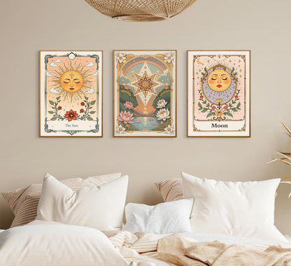 3pcs Sun And Moon Celestial Canvas wall art Tarot Astrology Paintings Pictures Wall Decor Boho Lotus Floral Posters Prints Artwork for Living Room Bedroom Dorm Apartment Home Decoration Unframed
