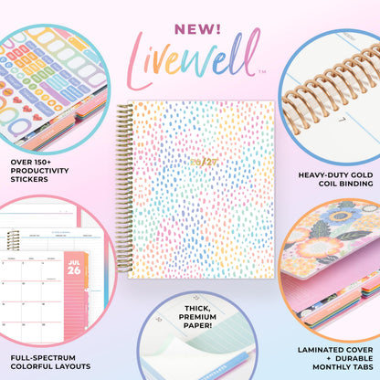 Blue Sky Livewell 2026-2027 Weekly and Monthly Academic Year Planner Calendar, July 2026 - June 2027, 7" x 9", Flexible Cover, Wirebound, Colorful Interior, Laminated Tabs, Storage Pocket, Includes Stickers, Rainbow