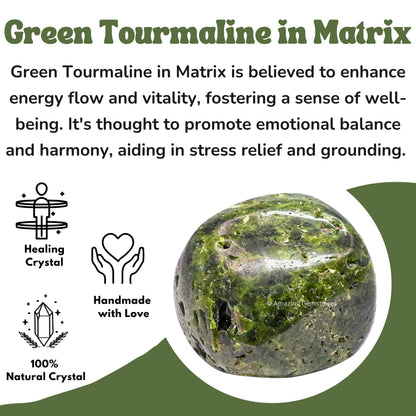 Amazing Gemstone Green Tourmaline with Matrix Crystal Tumbled Stones Polished Rocks - Natural Gem Stones for Healing - DIY Crystals for Protection (1 Piece)